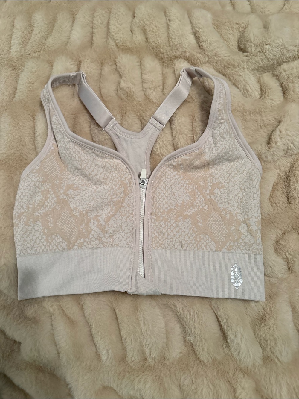 Free People Front-Zip Lace-Effect Sports Bra in Light Beige